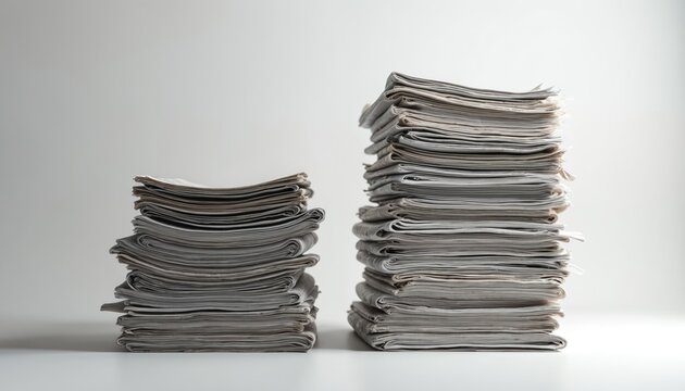 Two stacks of newspapers are isolated on white backdrop. Daily news update is ready for reading. Concept of mass media reports. Vintage print press business information is represented.