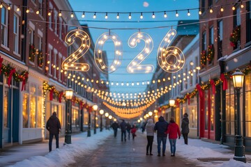 Illuminated 2026 sign above snowy street with holiday decorations