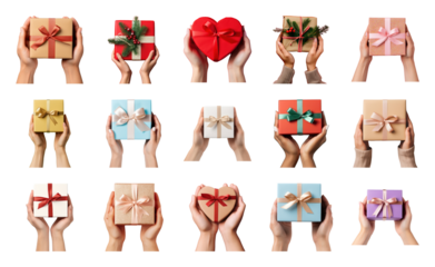 PNG Diverse hands holding gift boxes, element set on transparent background