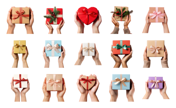 PNG Diverse hands holding gift boxes, element set on transparent background