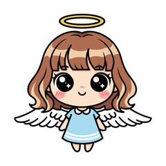 Cute chibi angel girl with shining eyes, white wings, and a golden halo. Adorable kawaii character illustration perfect for Christmas, fantasy themes, and children’s designs.