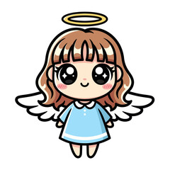 Cute chibi angel girl with shining eyes, white wings, and a golden halo. Adorable kawaii character illustration perfect for Christmas, fantasy themes, and children’s designs.