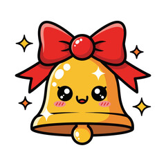 Cute kawaii Christmas bell with a big red bow, shiny golden surface, and adorable face illustration. Perfect festive cartoon design for holiday decorations, greetings, and seasonal projects.