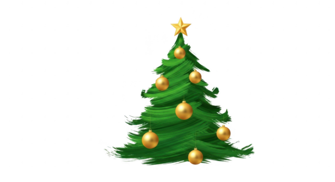 Festive green christmas tree with golden ornaments and star, isolated on transparent background
