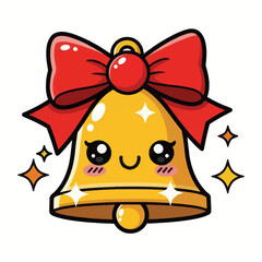 Cute kawaii Christmas bell with a big red bow, shiny golden surface, and adorable face illustration. Perfect festive cartoon design for holiday decorations, greetings, and seasonal projects.