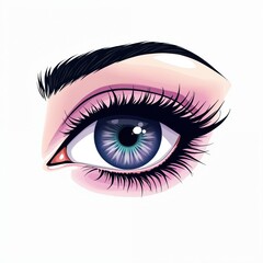 Close-up graphic of a stylized human eye with vibrant blue iris, long lashes, and pinkish makeup. Isolated on white, perfect for beauty, vision, or creative concepts.