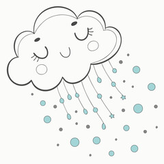Obraz premium Cute Cartoon Cloud Raining Blue Drops And Stars Keywords: cloud, cartoon, cute, rain, raining