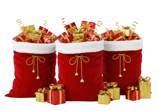 Three santa claus gift bags overflowing with presents isolated on transparent background