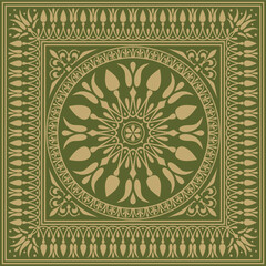 Vector gold with green classic Greek square ornament. Rectangle of Ancient Greece and Roman Empire. Byzantine painting of walls, floors and ceilings. Decoration of European palaces.