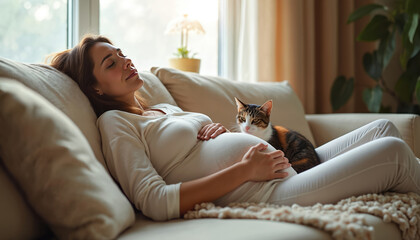 Pregnant woman relaxes on sofa near window with cat. Gentle sunlight fills room, creating calm warm atmosphere. Future mother enjoys quiet moment with pet.