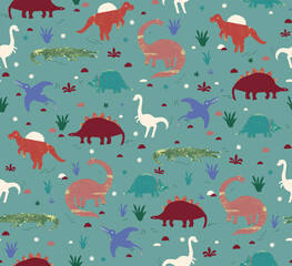 Adorable dinosaur pattern featuring various prehistoric creatures and lush foliage in a charming children's repeating design © Creativezone