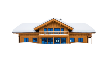 Isolated winter chalet with snow covered roof in alpine region landscape, cut out