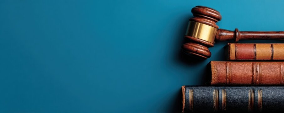 Law and Justice - Gavel and Books on Blue Background.