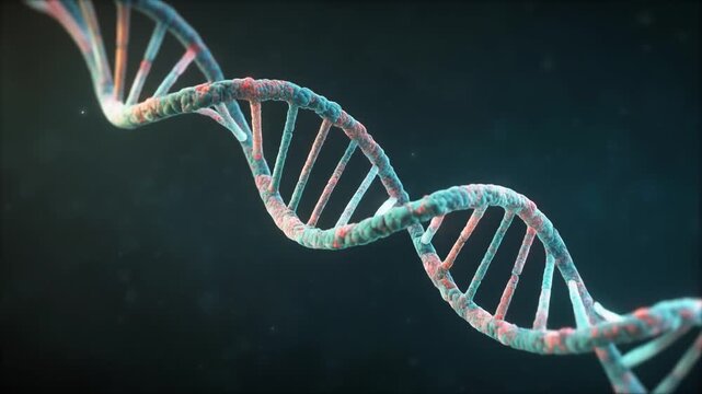 A detailed, photorealistic depiction of a DNA double helix, its intricate structure rendered in vibrant colors against a dark background, reflecting the essence of scientific and biological study.