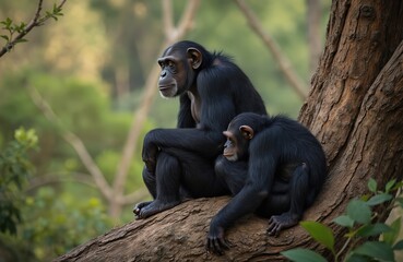Two chimps sit on tree branch. Adult animal looks ahead. Young ape sits near. Rainforest backdrop shows natural african wildlife scene. Primates rest together in nature habitat in wild.