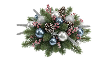 Isolated Christmas decoration on fir branches, ornaments and cones for festive holiday season
