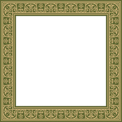 Vector square gold with green border, frame, Pompeii. Rectangle Neopolitan ornament. Art of Ancient Rome. Template for stained glass