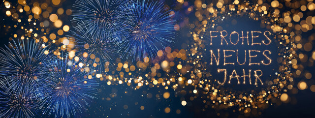 Frohes neues Jahr Grußkarte, Silvester Karte mit deutschem Text - Rahmen aus goldenem Feuerwerk, isoliert auf blauem Hintergrund