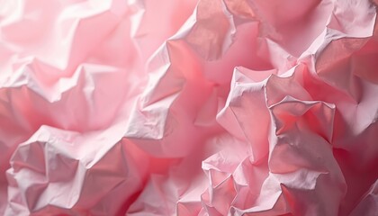 Light pink paper is crumpled and deeply creased, forming abstract texture. Many folds create varied shadows on surface. This wavy paper background offers soft, artistic design. Pretty wallpaper.