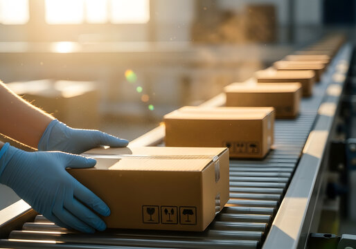 Worker placing cardboard box on factory roller conveyor belt | Global logistics and fulfillment center operations at sunset | Automated shipping process and parcel handling | E-commerce distribution a