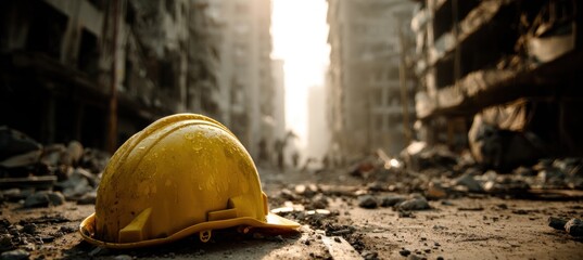 Hard Hat Amidst Ruins - A Symbol of Resilience and Recovery.