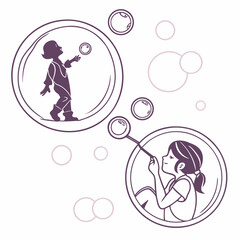 Children blowing bubbles inside transparent spheres girl playing