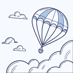 Outline illustration of a hot air balloon in a cloudy sky airship flying