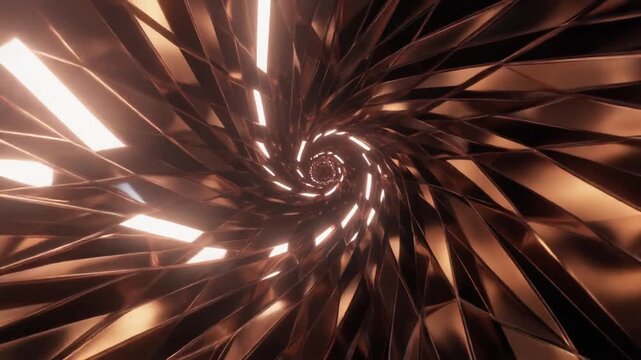 A mesmerizing, abstract spiral of polished, gleaming metallic facets, emanating a radiant, warm light, creating a sense of depth and perpetual motion.
