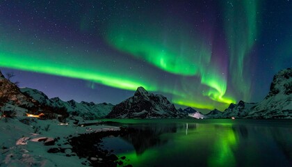 Aurora borealis on the Norway. Green northern lights above mountains. Night sky with polar lights. Night winter landscape with aurora and reflection on the water surface. Natural back phenomena