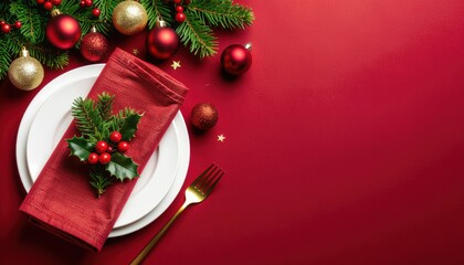 Festive dinner table setting with christmas ornaments and decor elegant red background food photography holiday spirit flat lay view seasonal celebration ideas
