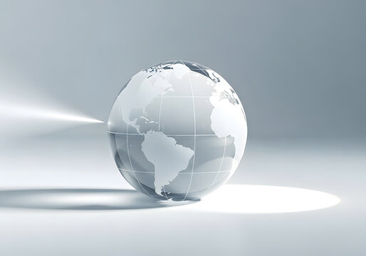 Glass globe corporate communication background concept | 3D rendered crystal Earth model on gray reflective surface | Global business network and connection technology illustration 