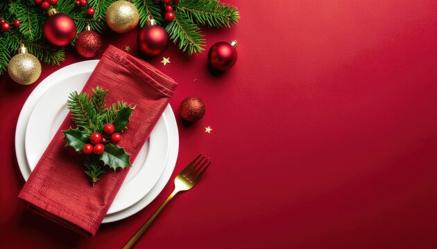 Festive dinner table setting with christmas ornaments and decor elegant red background food photography holiday spirit flat lay view seasonal celebration ideas