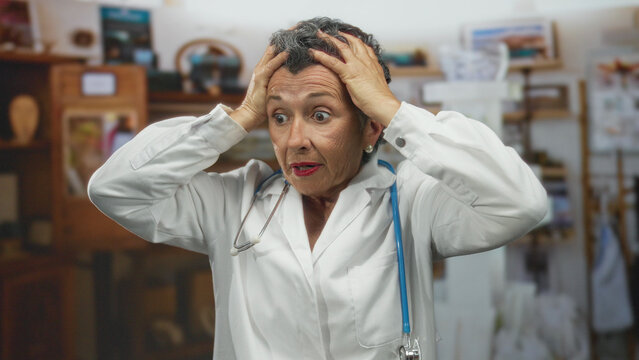 Senior woman doctor with grey hair in a white coat and stethoscope looks surprised indoors, emphasizing healthcare and emotion in a professional setting.