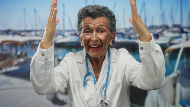 Senior woman doctor with grey hair wearing a stethoscope gestures expressively at a seaside port with boats, capturing a lively scene by the sea. - Powered by Adobe