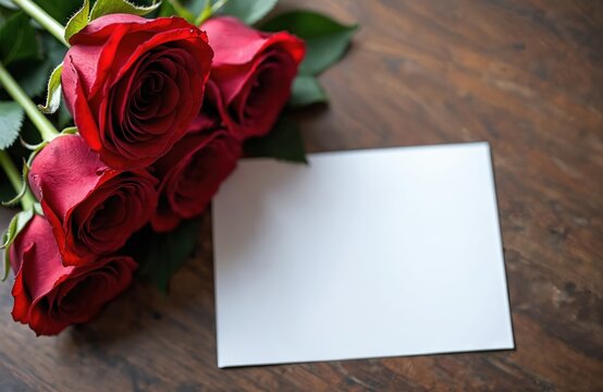 Fresh red roses with green leaves lay on textured dark brown wooden background. Blank white paper card rests beside flowers. Elegant composition ready for personalized message, invitation, greeting.