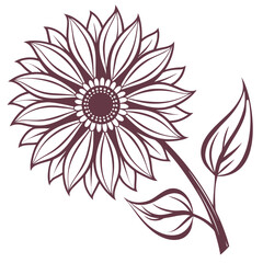 Stylized Sunflower Outline with Leaves on White Background drawing illustration