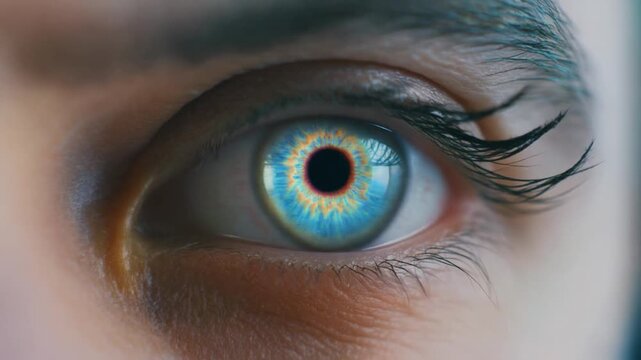 A mesmerizing macro shot, a luminous eye of captivating azure and gold, reflecting intricate details.