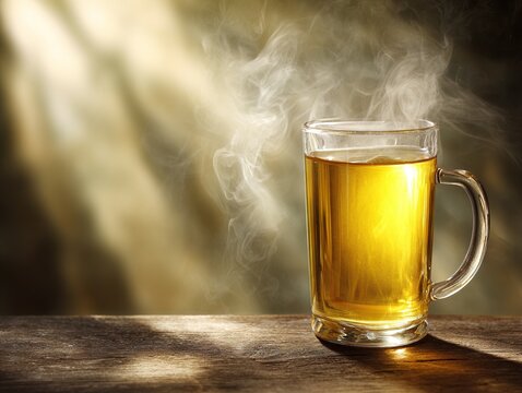 A clear glass mug of golden tea steaming gently in a beam of warm sunlight, resting on a rustic wooden surface in a quiet moment of glowing natural calm