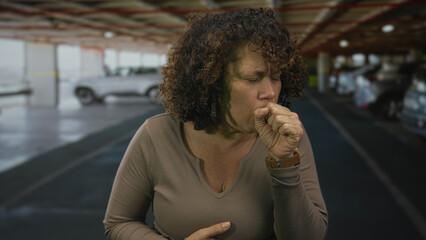 Middle aged hispanic woman coughing mouth covered with fist in indoor parking building under fluorescent lights; discomfort.