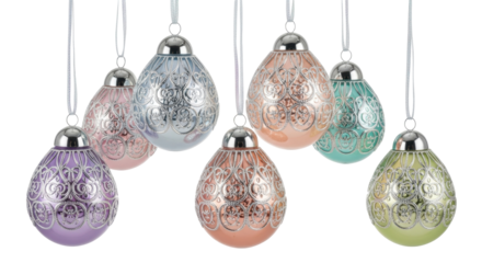 Isolated Christmas ornament collection, colorful decorative baubles hanging with silver top & string
