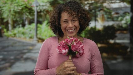 Woman holds bouquet of pink peony flowers on sunlit park walkway surrounded by lush green foliage; happiness.