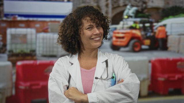 Woman points finger up at building under construction while wearing a doctor coat and stethoscope; confidence.