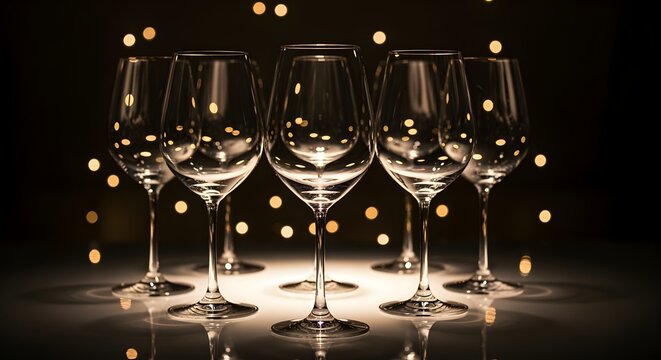 Elegant new year celebration preparation with empty wine glasses and golden bokeh lights