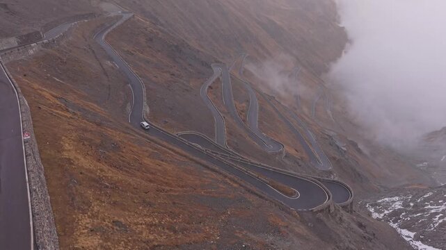 Hairpin turns of Stelvio Pass seen from above, Italy-Switzerland.