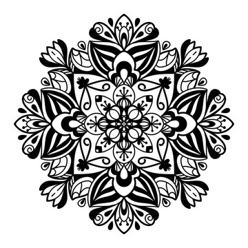 Fototapeta Hand-drawn Mandala design, mandala art, nature mandala with floral and abstract lines. Black and white background with mandala design to textiles, henna painting and background for your art. No ai.