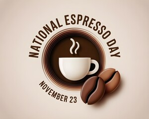 National Espresso Day celebration with coffee cup and beans on white background Keywords: national espresso day, espresso, coffee, caffeine, drink