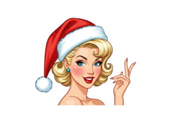 Christmas pin-up woman in santa hat isolated on transparent background