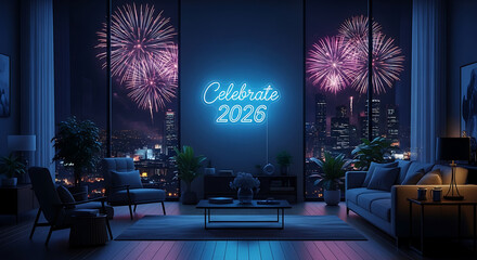 Futuristic and celebratory atmosphere inside a high-end city home, perfectly positioned to view the dynamic New Year's 2026 fireworks display and city lights.