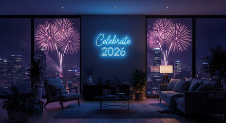 High-end residential interior celebrating a new beginning; a cozy living space with modern furniture, lush plants, and a glowing 'Celebrate 2026' sign against a backdrop of explosive pyrotechnics.