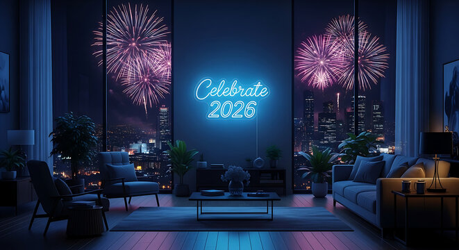 Futuristic and celebratory atmosphere inside a high-end city home, perfectly positioned to view the dynamic New Year's 2026 fireworks display and city lights.